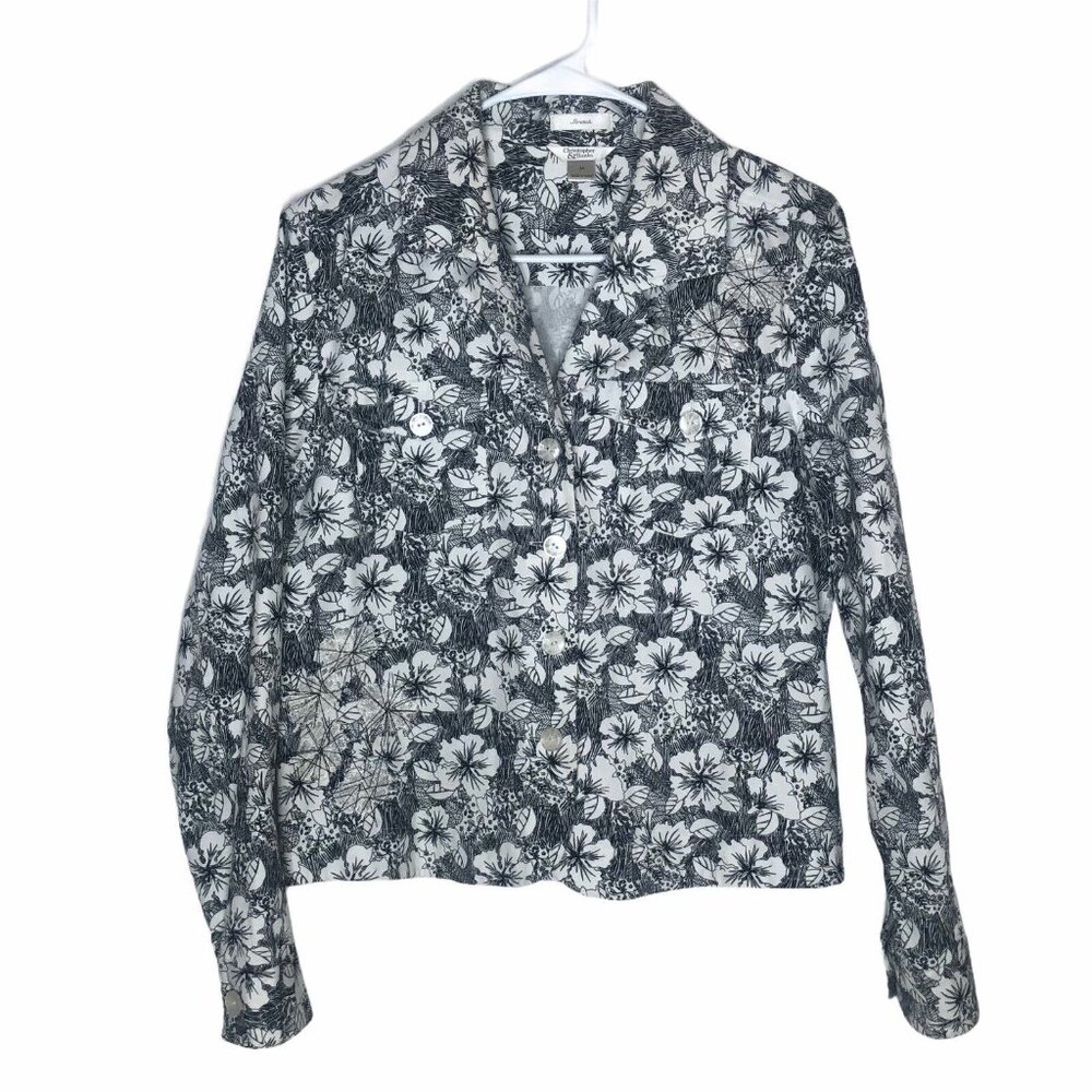 Christopher & Banks Jacket Womens Medium Black White Floral Embroidery